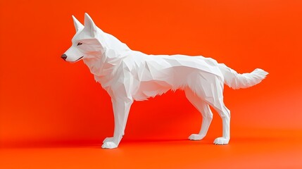 Obraz premium Majestic White German Shepherd Dog Standing Alert on Vibrant Orange Background
