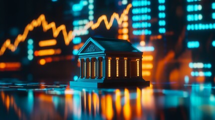 Obraz premium Abstract image of a financial institution building with glowing neon lights and fluctuating stock market graphs in the background.