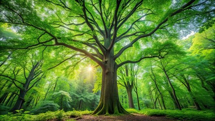 Fototapeta premium Tall tree with lush green foliage in a forest setting, nature, environment, outdoors, growth, forest, branches, leaves, trunk