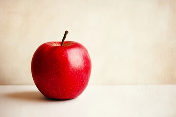 A minimalist image of a single red apple on a plain background. High-resolution, detailed textures, crisp focus