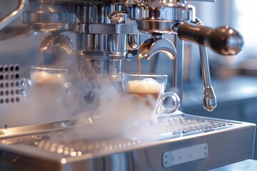 Espresso machine in action, steam rising, hightech, chrome, detailed