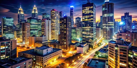 Fototapeta premium Night time cityscape with bright illuminated buildings and street lights , urban, illuminated, city