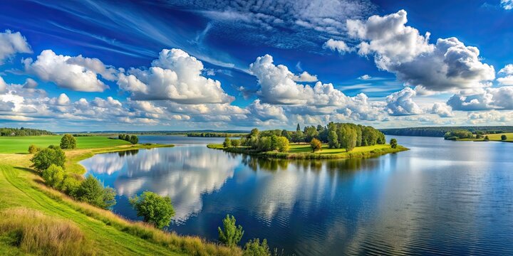 Scenic view of Mandichosee near Mering in Germany on a sunny day with cumulus clouds , Lech barrage, high water