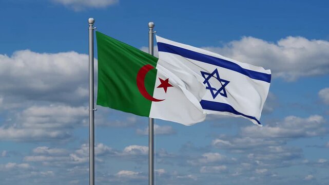 Israel and Algeria flags flying together, video concept of the relationship, two country relations concept