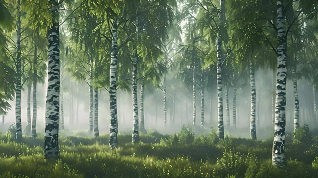Early morning birch trees and mist