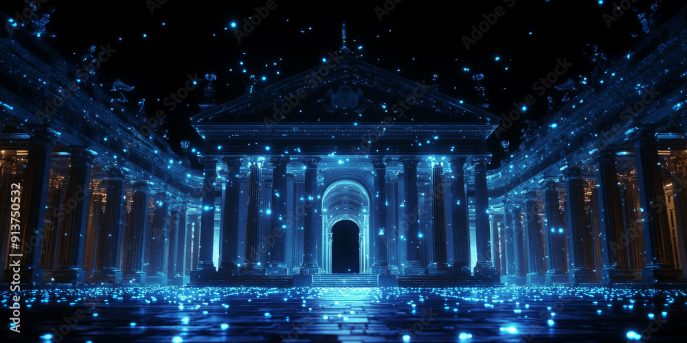 Wall mural holographic projection of a classical building in a futuristic digital space, with a vibrant blue an