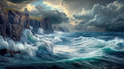 Fototapeta premium Powerful ocean waves crashing against steep rocky cliffs under a dramatic stormy sky.