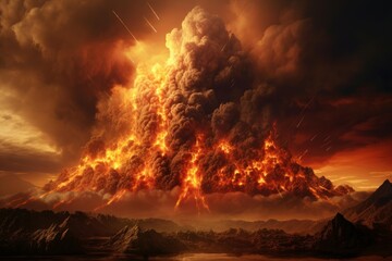 Fototapeta premium Dramatic scene of a powerful volcanic eruption with ash plumes and lava under a sunset sky