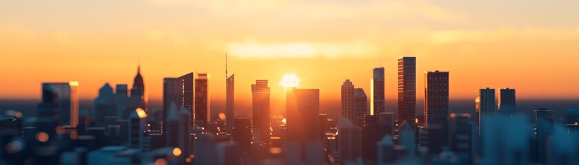 Vibrant city skyline at sunset with tall skyscrapers and a glowing horizon, creating a stunning urban landscape with warm, golden hues.