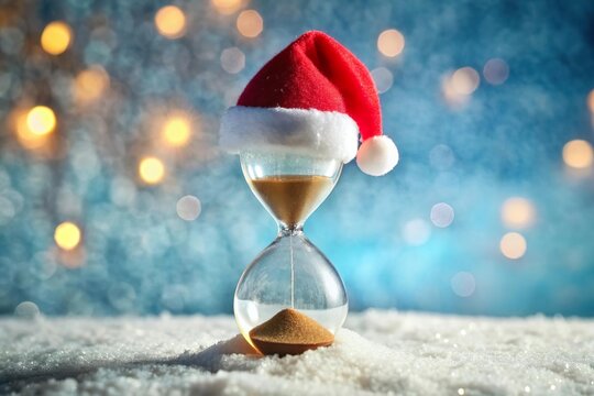 hourglass with christmas hat on snow. Holiday season countdown