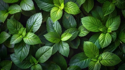 Lush Green Mint Leaves Arranged Beautifully in Natural Light on Dark Background