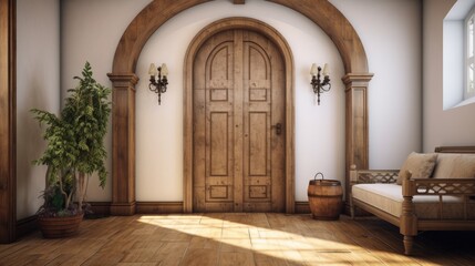 Timber beam ceiling and arched door in Mediterranean