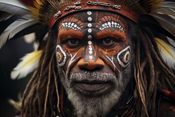 Naklejka premium Close-up of indigenous elder with vivid tribal face paint and feathered headdress