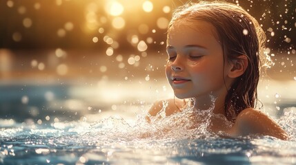 Obraz premium Young girl enjoying a sunny day in a swimming pool, splashing water around with a serene and happy expression, golden hour light.