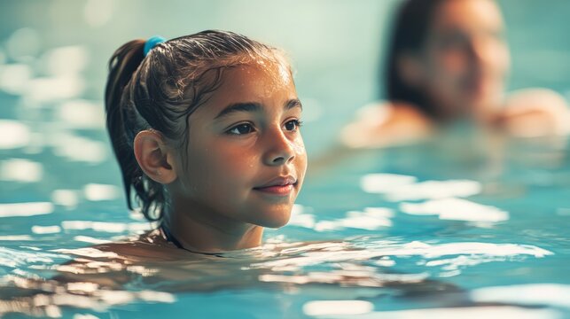 Young girl enjoying a swim in a pool, with another person blurred in the background. Bright and cheerful indoor pool setting.