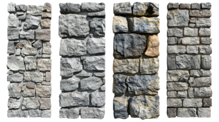 Collection of antique stone wall textures showcasing various brick patterns and weathered surface in isolated on transparent or white background