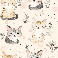 Seamless Watercolor Cute Cat Textile Pattern for Children Clothes