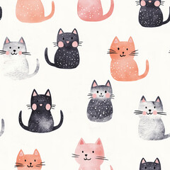 Seamless Watercolor Cute Cat Textile Pattern for Children Clothes