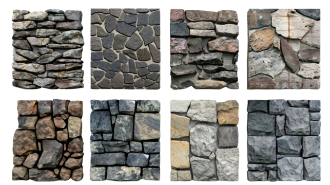 Collage of eight different stone wall textures, each showcasing unique patterns and shades for diverse construction or design needs in isolated on transparent or white background