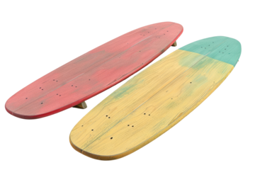 Two colorful surfboards placed side by side on a white background, showcasing vibrant red and green designs in isolated on transparent or white background
