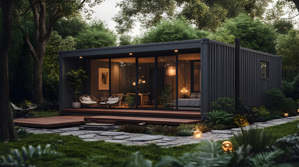 Modern container home with a wooden deck and a path leading to it.