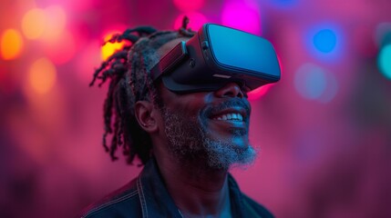 Close up Portrait of a senior African American man wearing a virtual reality headset on blurred background