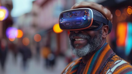 Close up Portrait of a senior African American man wearing a virtual reality headset on blurred background