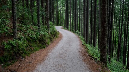 Obraz premium Path winding through an untamed forest, covered in pine needles and with distant views of untouched nature, creating a natural scene with ample copy space