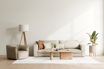 Minimalist living room featuring beige furniture, a small coffee table, a green plant in a pot, a floor lamp, and a cozy armchair. 3d render.