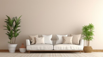 White fabric sofa with pillows side table with potter