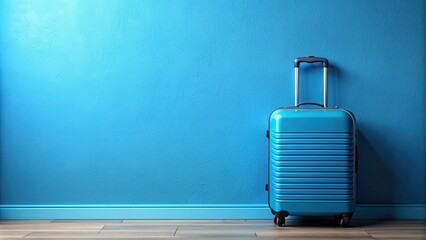 Obraz premium Blue suitcase against blue wall , travel, luggage, vacation, minimalist, storage, simplicity, clean, journey, voyage