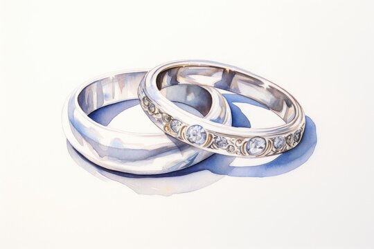 Delicate watercolor painting of intertwined wedding bands with diamond detail