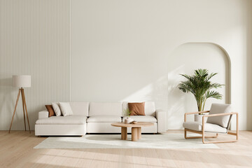 Modern minimalist living room featuring a white sectional sofa, an armchair, a wooden floor lamp, and a round coffee table, 3d render.