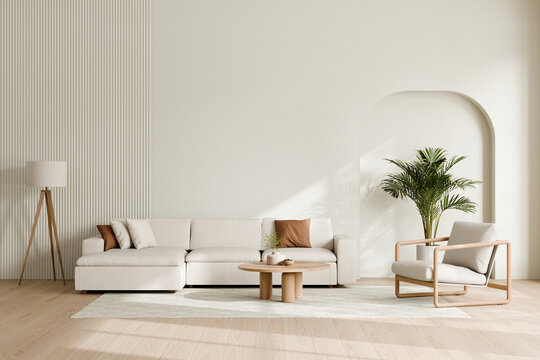 Modern minimalist living room featuring a white sectional sofa, an armchair, a wooden floor lamp, and a round coffee table, 3d render.