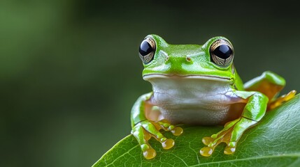 A close-up of a green tree frog perched on a leaf, highlighting the beauty of wildlife with copy space