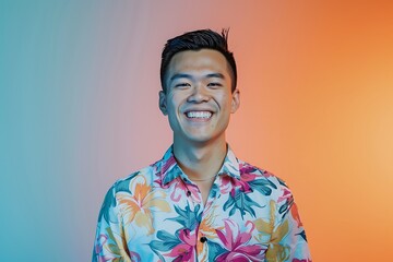 Smiling Man in a Floral Shirt Against a Colorful Background