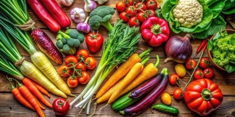top view of diverse fresh veggies on wood table