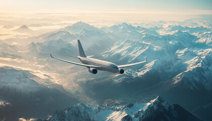 Fototapeta premium An aerial shot of an airplane flying over a breathtaking mountain range.