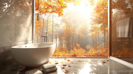 Bright bathroom with a panoramic window overlooking the autumn forest