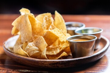 4K image of Appetizers: Tortilla Chips and Assorted Salsas Perfect for Parties and Gatherings
