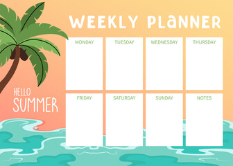 Summer Weekly planner with Ocean waves and palm trees. Tropical vacation. Beach holiday elements and activities. lifestyle planner is for 7 days and notes. Schedule design template Vector illustration
