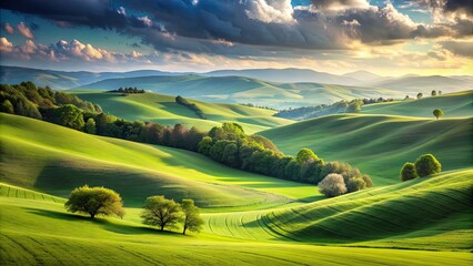 Tranquil nature scene with green rolling hills , serene, peaceful, calming, landscape, countryside, scenic, hillside
