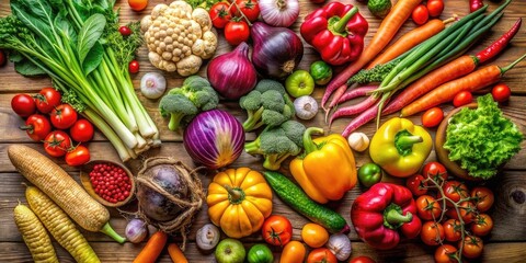 top view of diverse fresh veggies on wood table
