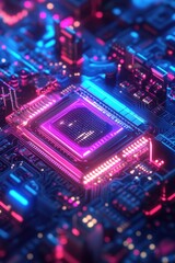 Obraz premium Neon Holographic Digital Book with Circuit Board Effect