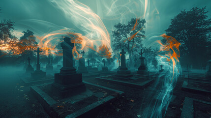 Abstract image of a cemetery with glowing gravestones and swirling ghostly apparitions