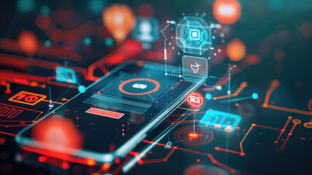 Futuristic smartphone interface with glowing digital icons and abstract technological elements. Concepts of digital innovation, mobile technology, and futuristic design.