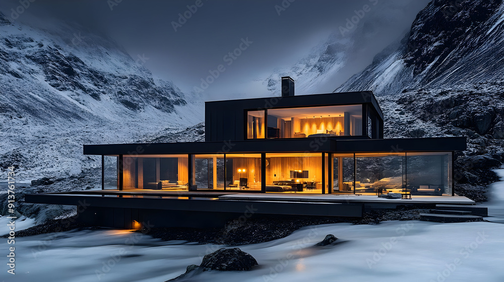 Canvas Prints Modern Black House in Snowy Mountains - Realistic Image