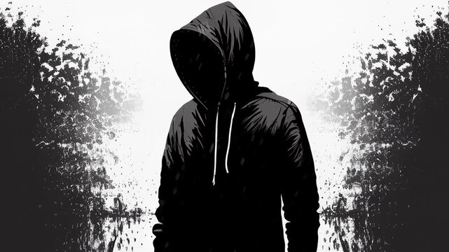 hand drawn animation of hooded outcast man. criminal concept. endless loop animation.