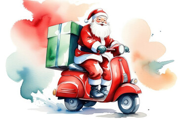 Santa Claus riding scooter to deliver gifts, watercolor Christmas illustration on white background