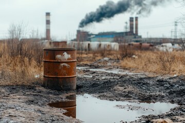a pollution at factory area with oil leakage from barrel